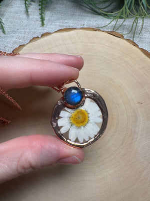 Peonella- Labradorite and Flower Necklace detail view by Copper Ashes