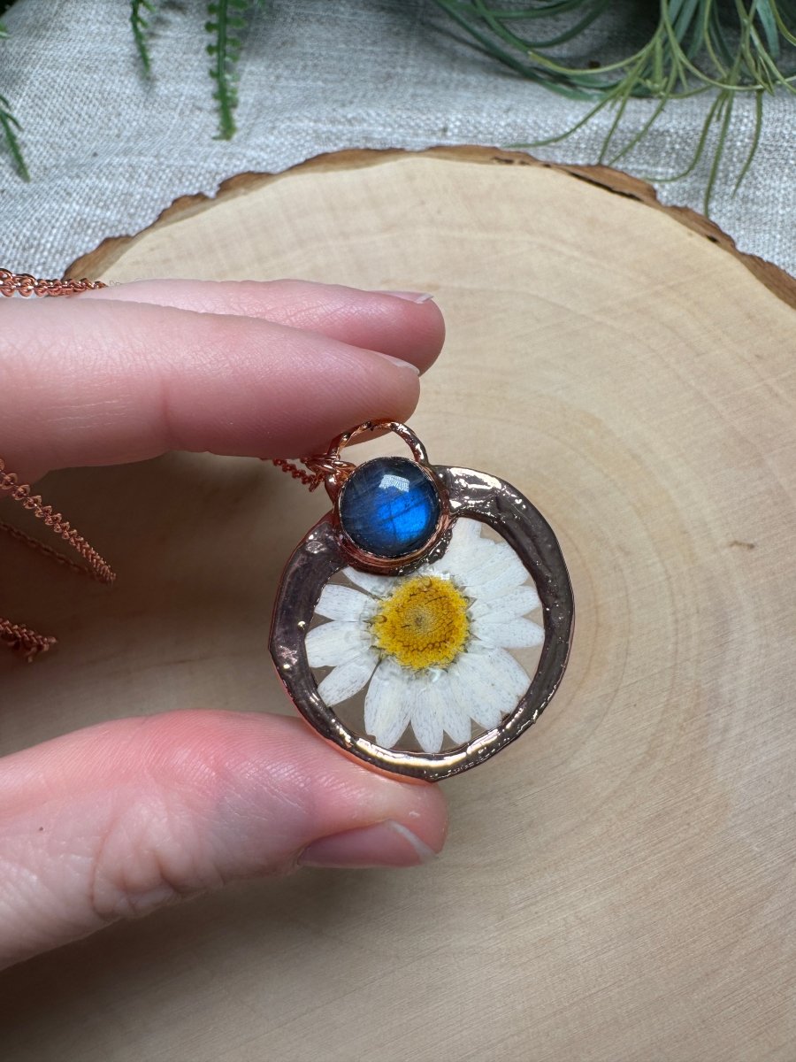 Peonella- Labradorite and Flower Necklace detail view by Copper Ashes
