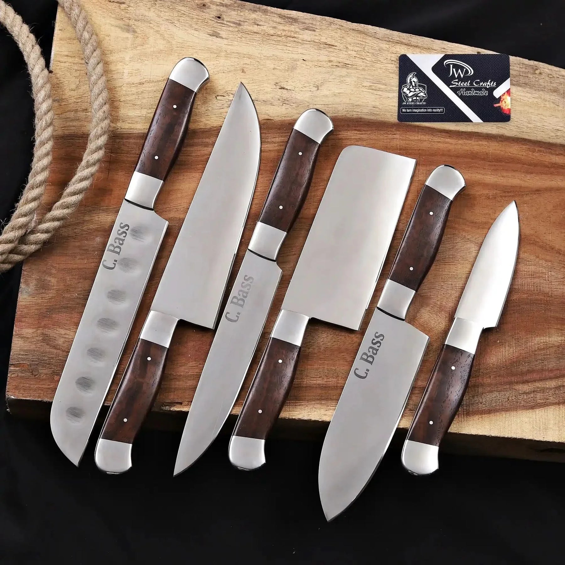6-Piece High Carbon Steel Kitchen Knife Set with Leather Roll — Olive Wood Handles, Steel Bolsters, 7 to 12 Inc by JW SteelCrafts, Damascus knife detail photo 5