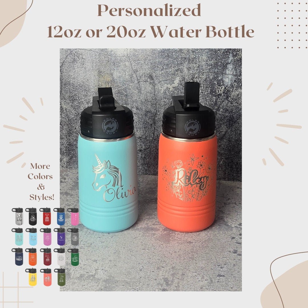 Personalized Kids Water Bottle with Straw detail view by EverLee Creations