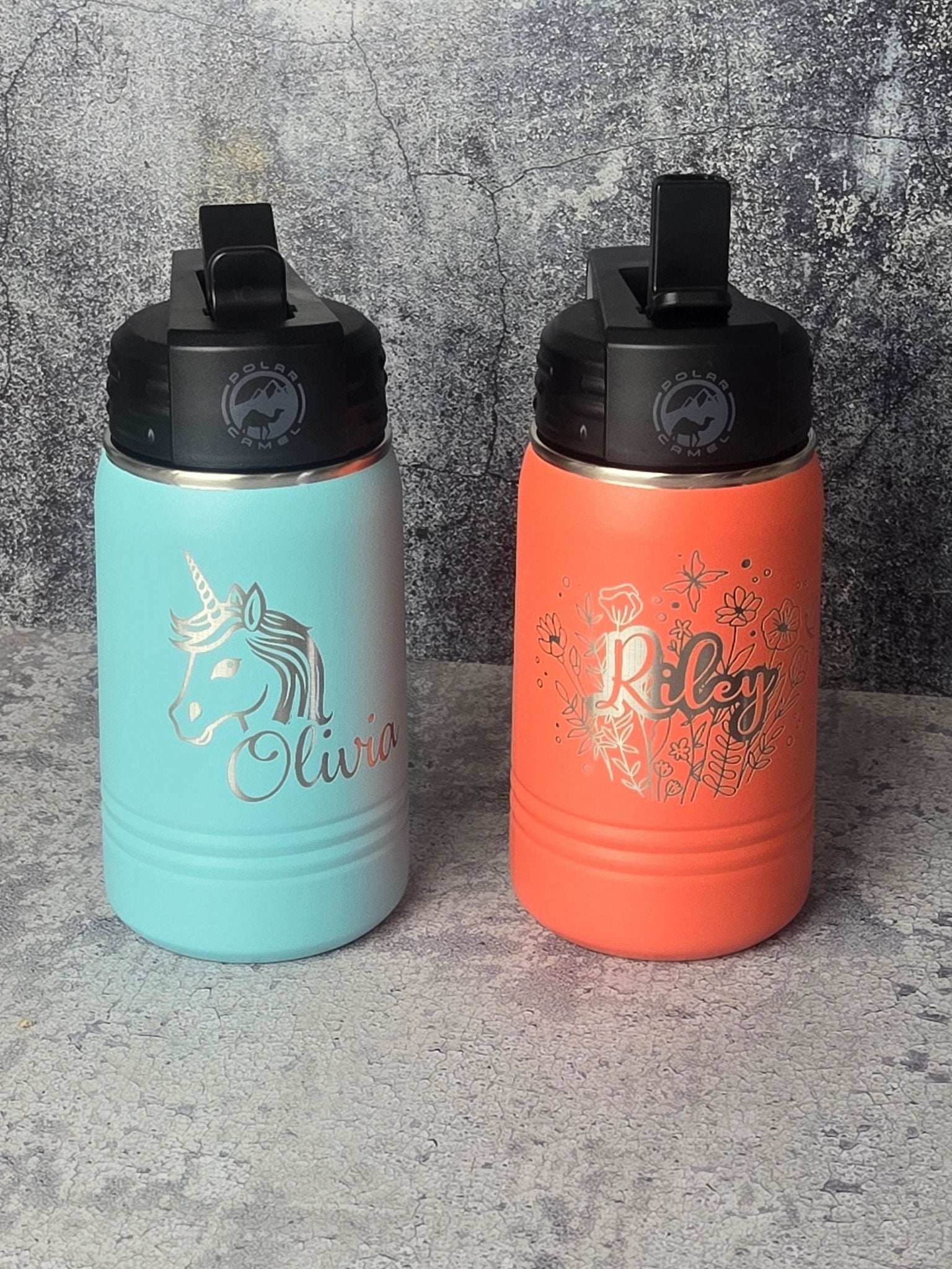 Personalized Kids Water Bottle with Straw detail view by EverLee Creations