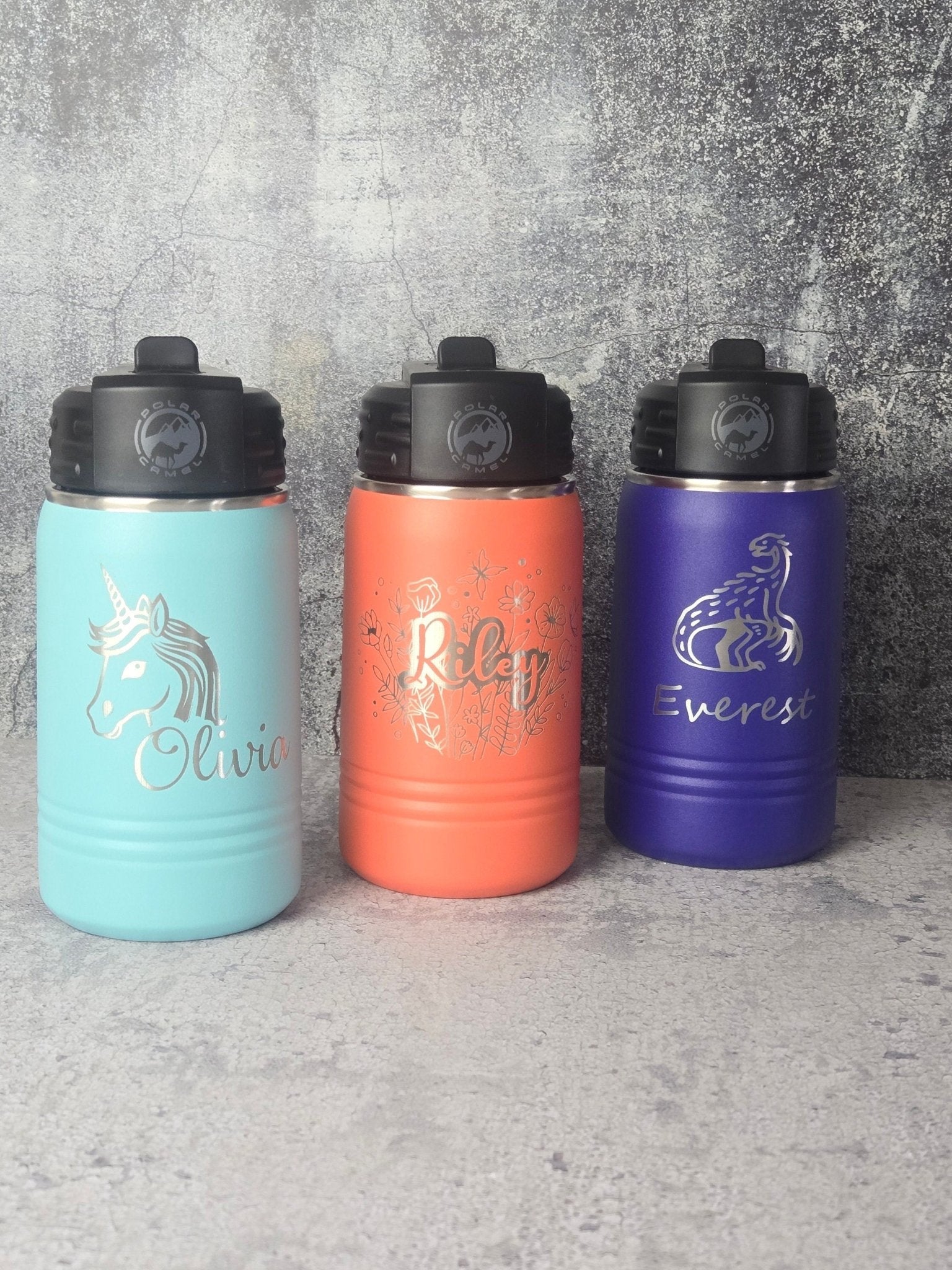 Personalized Kids Water Bottle with Straw detail view by EverLee Creations