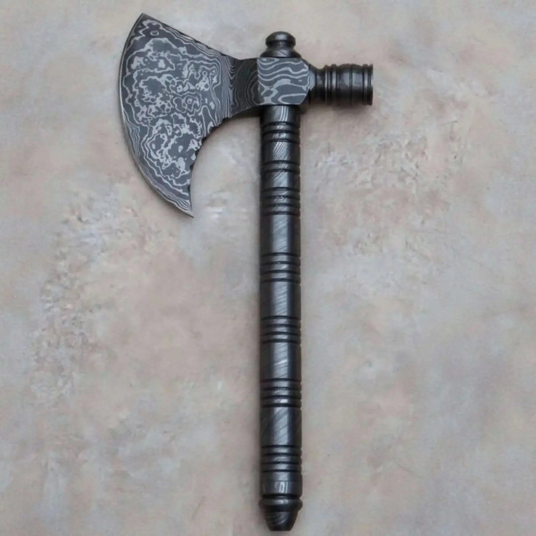 Artisan Damascus Smoking Axe – Functional Tobacco Pipe with Sculpted Hardwood Shaft by JW SteelCrafts, Southern handmade gift detail photo 2