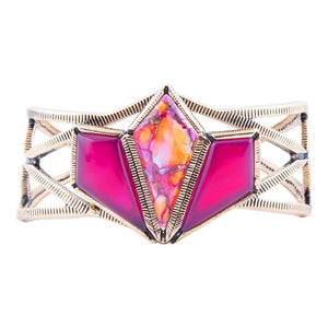 Pink Agate and Coral Matrix Golden Cuff Bracelet detail view by Barse Jewelry