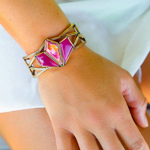 Pink Agate and Coral Matrix Golden Cuff Bracelet detail view by Barse Jewelry