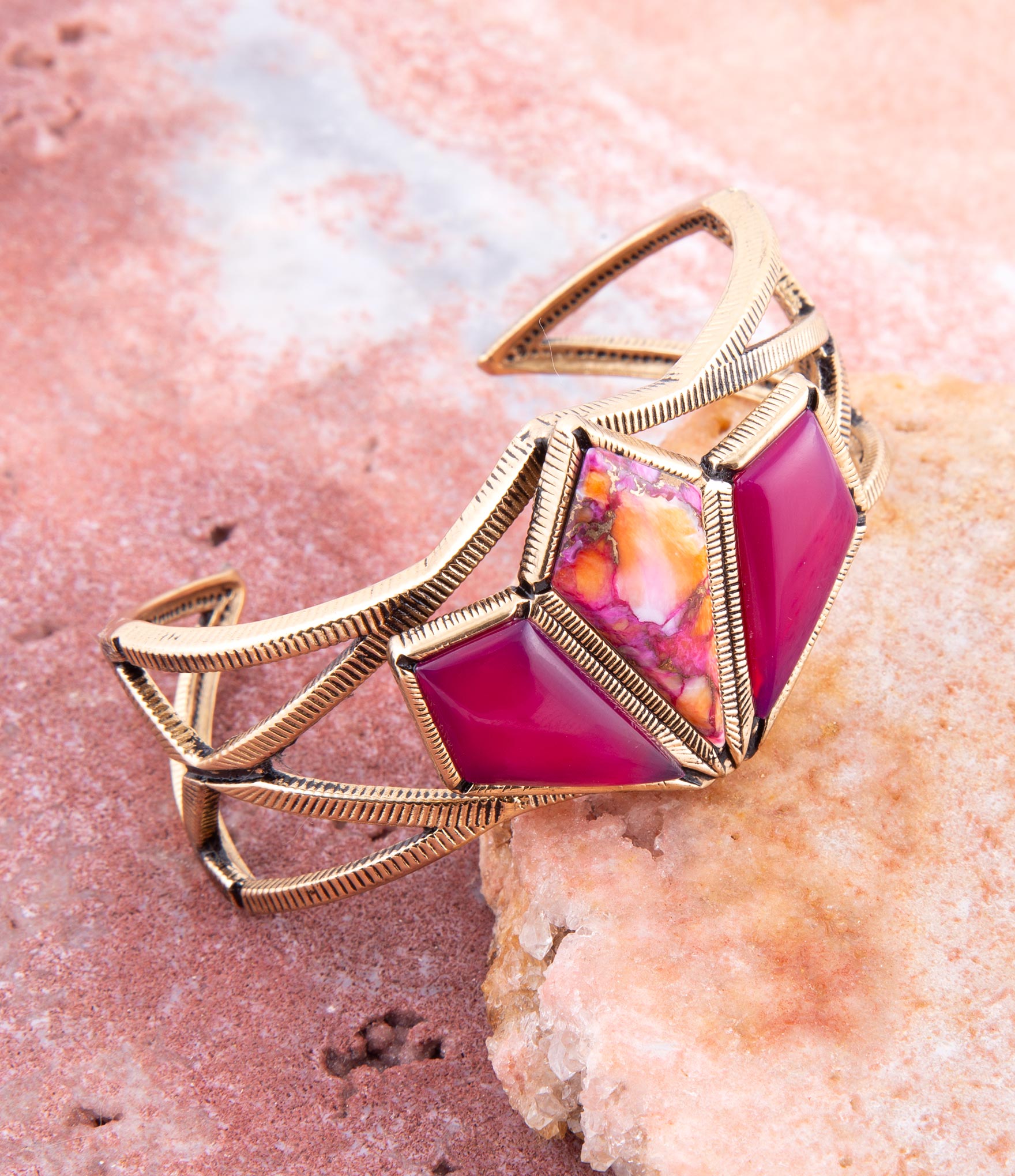 Pink Agate and Coral Matrix Golden Cuff Bracelet detail view by Barse Jewelry