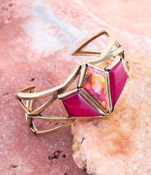 Pink Agate and Coral Matrix Golden Cuff Bracelet detail view by Barse Jewelry