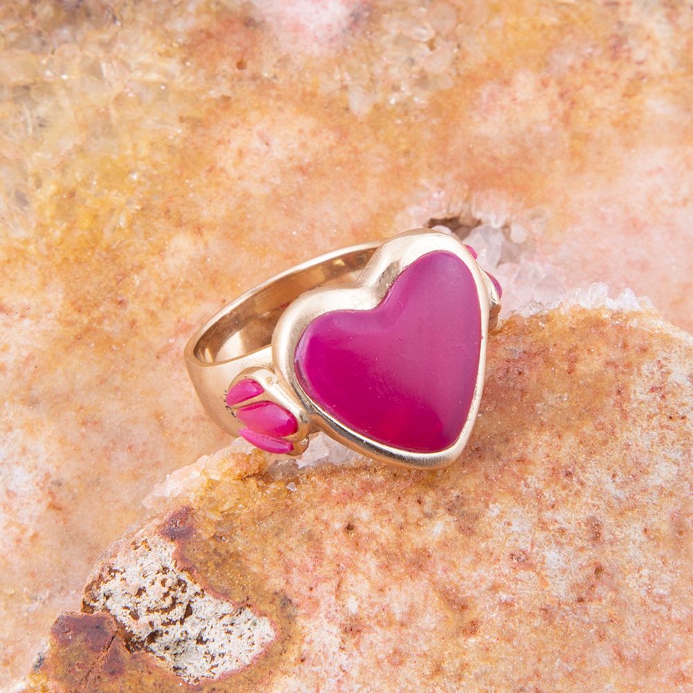 Pink Agate Heart Golden Statement Ring detail view by Barse Jewelry