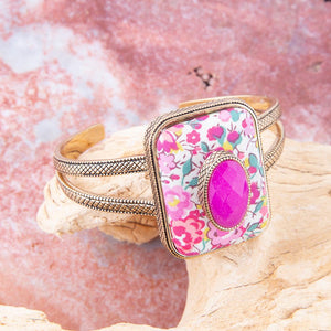 Pink Agate Stacked Stone Floral Cuff Bracelet detail view by Barse Jewelry