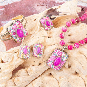Pink Agate Stacked Stone Floral Cuff Bracelet detail view by Barse Jewelry