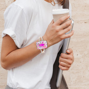 Pink Agate Stacked Stone Floral Cuff Bracelet detail view by Barse Jewelry