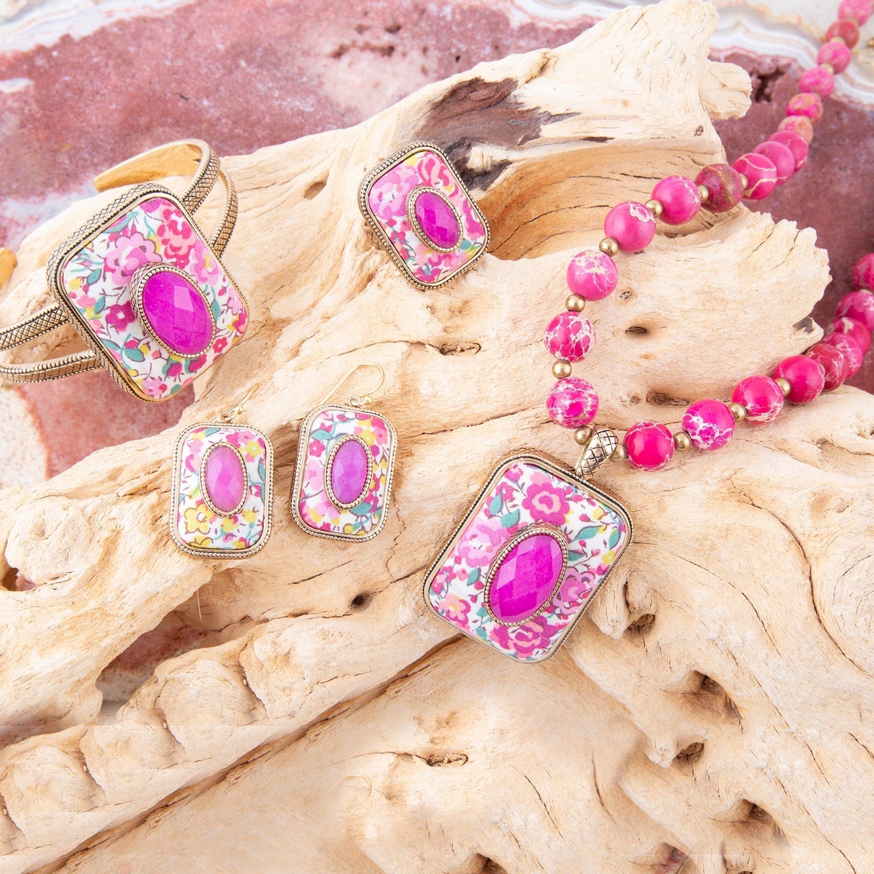 Pink Agate Stacked Stone Floral Pendant Necklace detail view by Barse Jewelry