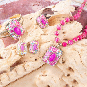 Pink Agate Stacked Stone Floral Pendant Necklace detail view by Barse Jewelry