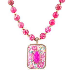 Pink Agate Stacked Stone Floral Pendant Necklace by Barse Jewelry