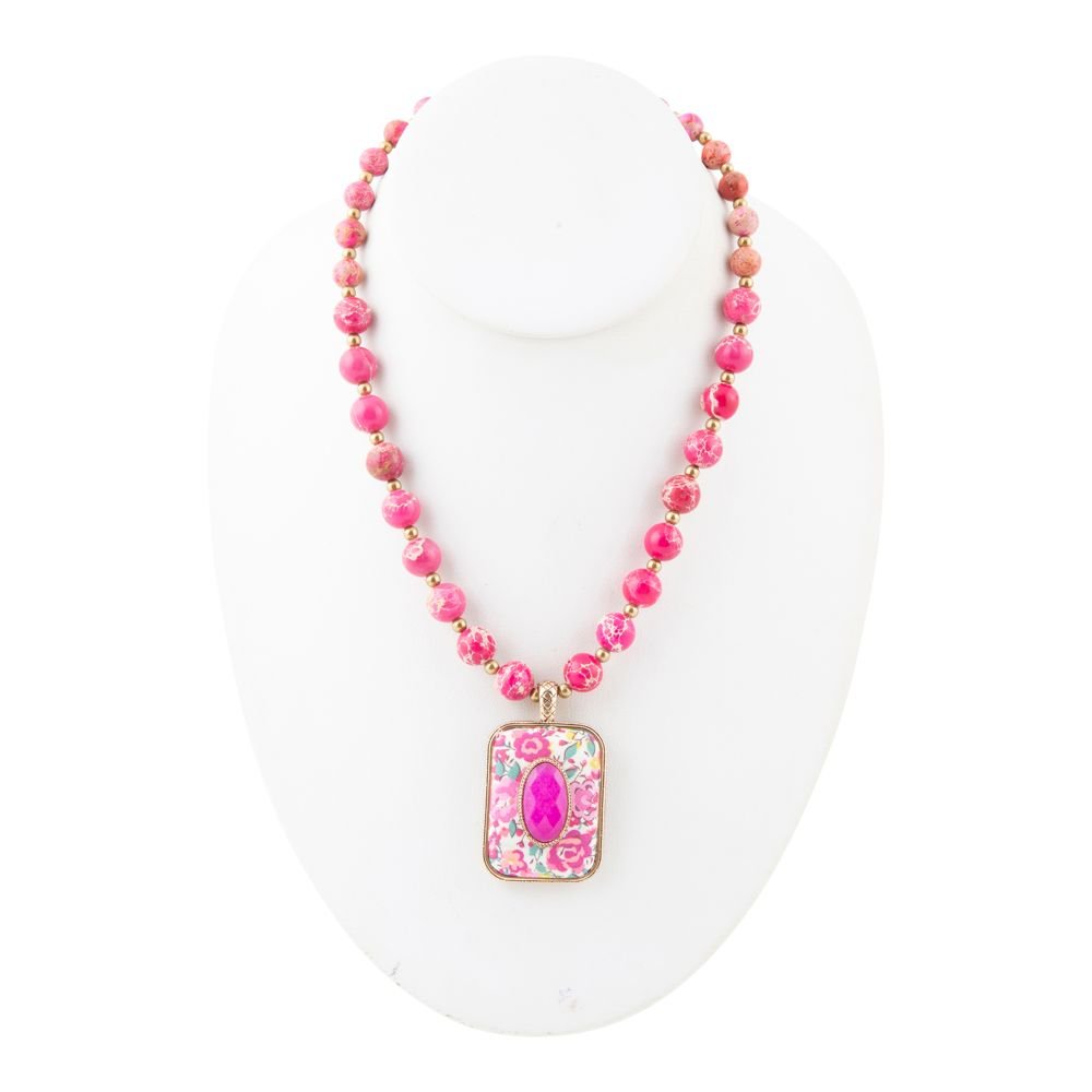 Pink Agate Stacked Stone Floral Pendant Necklace detail view by Barse Jewelry