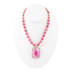 Pink Agate Stacked Stone Floral Pendant Necklace detail view by Barse Jewelry