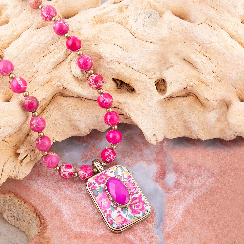 Pink Agate Stacked Stone Floral Pendant Necklace detail view by Barse Jewelry