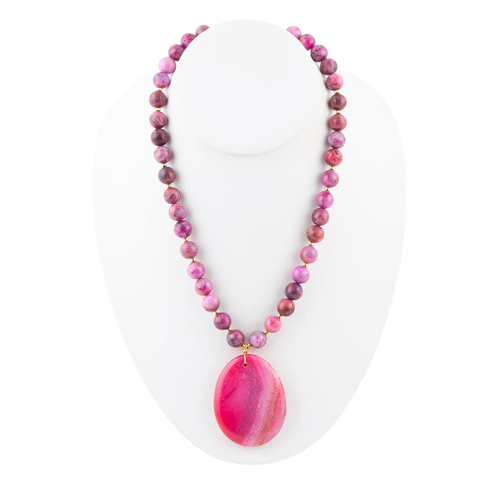 Pink Magenta Dreams Agate Slab Pendant Necklace detail view by Barse Jewelry