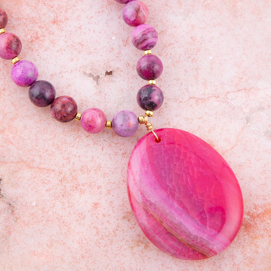 Pink Magenta Dreams Agate Slab Pendant Necklace detail view by Barse Jewelry