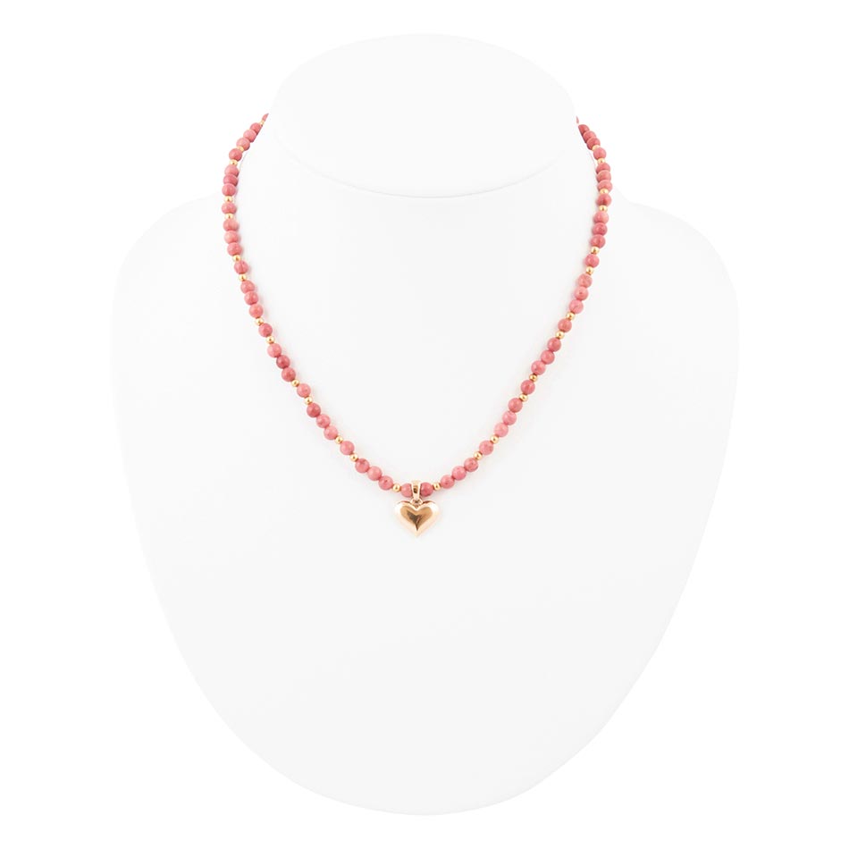 Pink Rhodonite and Golden Bronze Heart Pendant Necklace detail view by Barse Jewelry