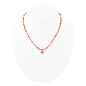 Pink Rhodonite and Golden Bronze Heart Pendant Necklace detail view by Barse Jewelry