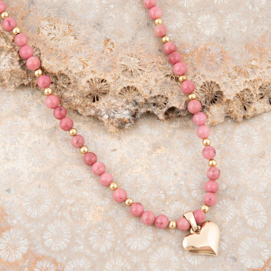 Pink Rhodonite and Golden Bronze Heart Pendant Necklace detail view by Barse Jewelry