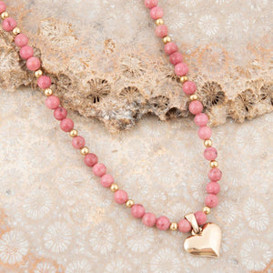 Pink Rhodonite and Golden Bronze Heart Pendant Necklace detail view by Barse Jewelry
