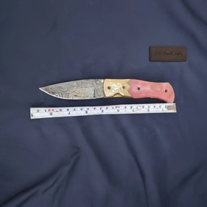 Handmade Damascus Folding Knife – Pink Colored Bone Handle with Brass Bolster | Pocket Knife by JW SteelCrafts, Damascus knife detail photo 2