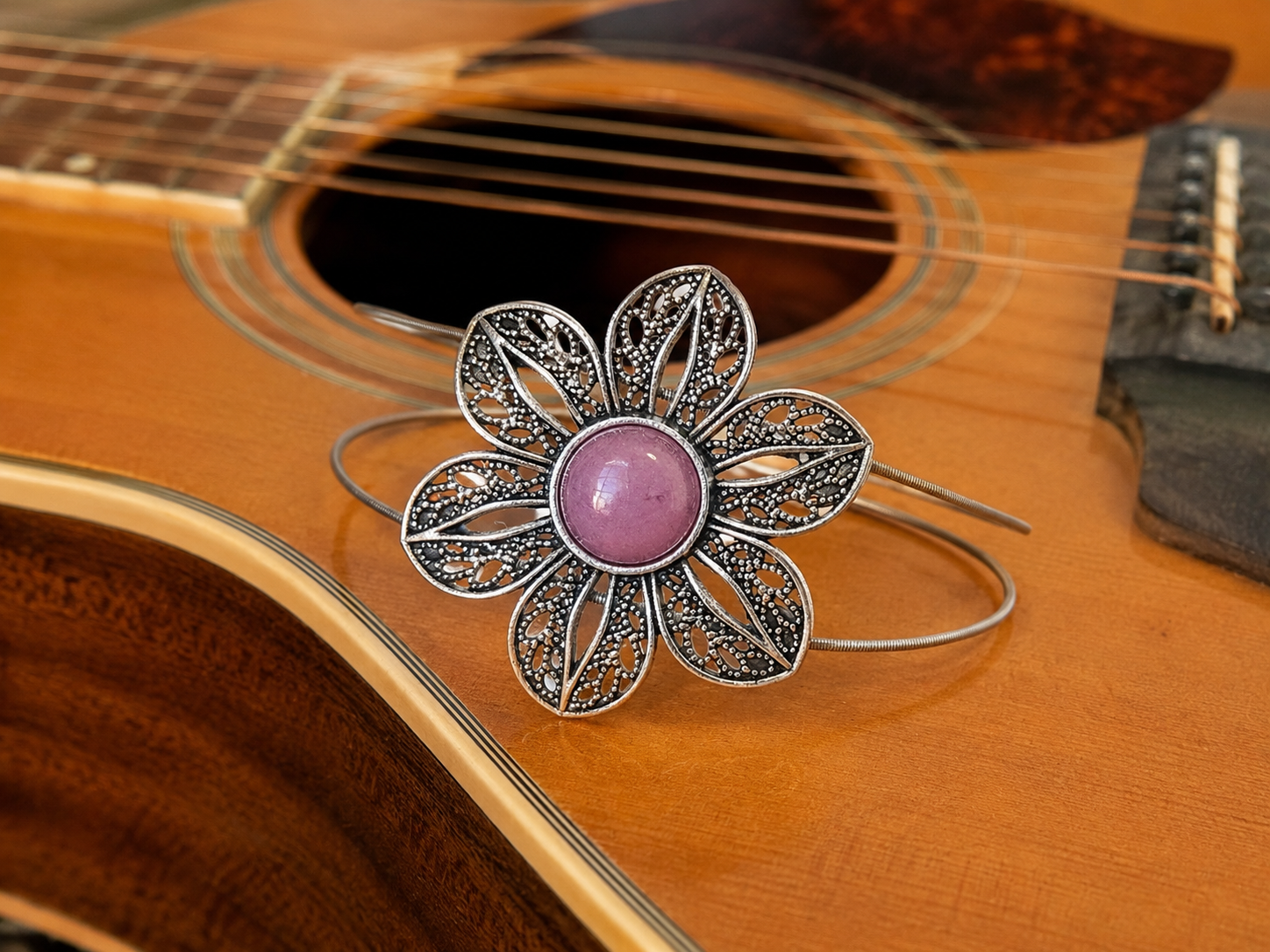 Filigree flower jade center guitar string bracelet by N Harmony Jewelry, handmade jewelry detail photo 3