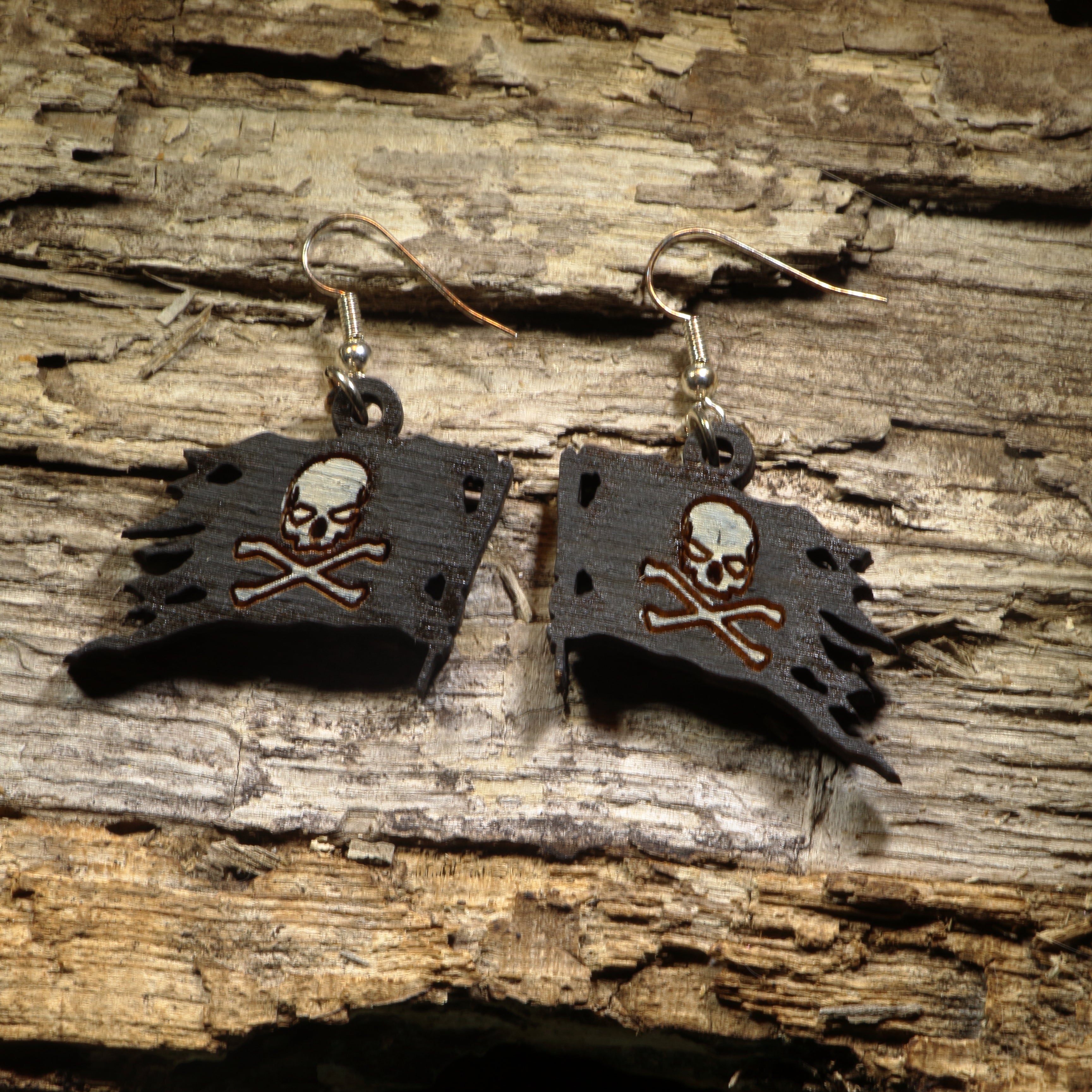 Jolly Roger Pirate Wooden Earrings | Skull Crossbones Jewelry by Cate's Concepts, LLC