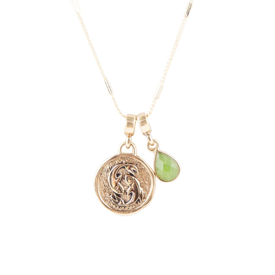 Pisces - Zodiac Green Jade Golden Charm Necklace by Barse Jewelry