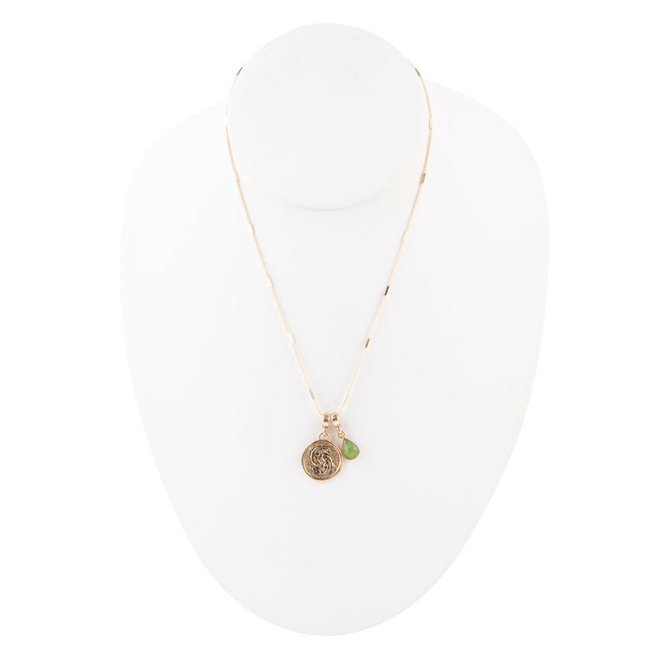 Pisces - Zodiac Green Jade Golden Charm Necklace detail view by Barse Jewelry