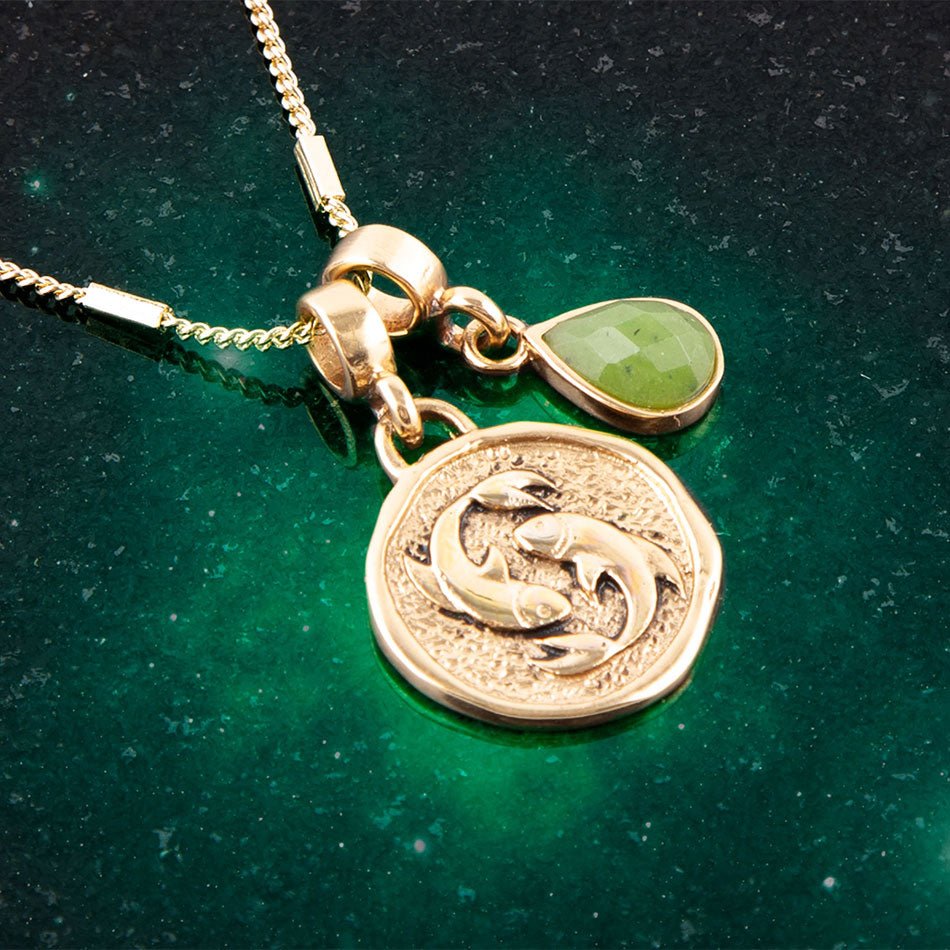 Pisces - Zodiac Green Jade Golden Charm Necklace detail view by Barse Jewelry
