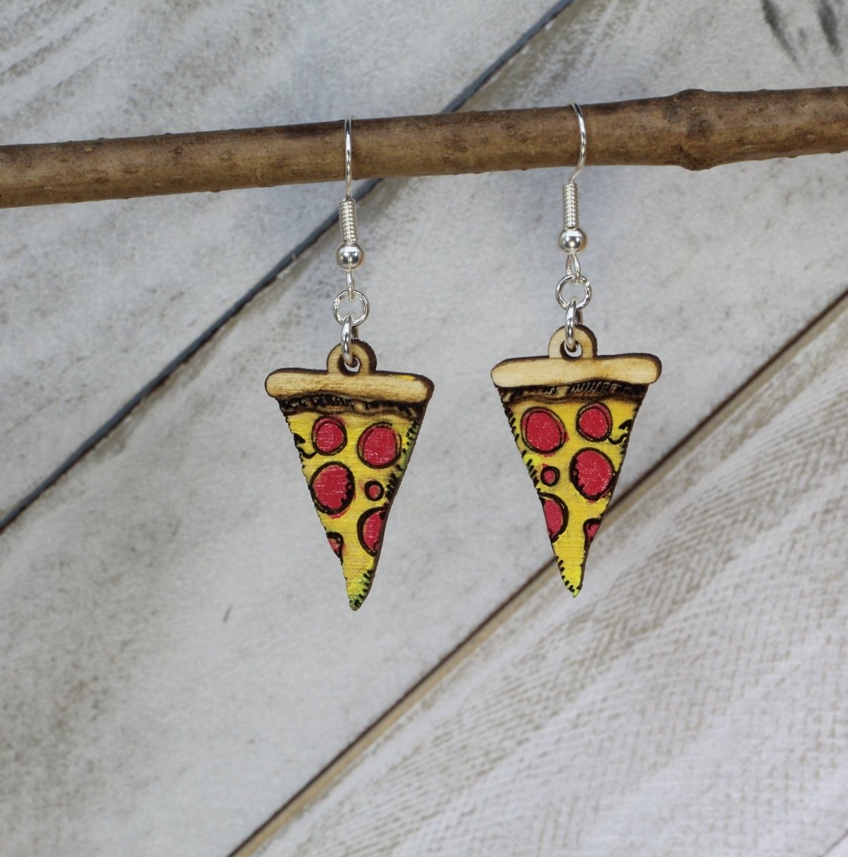 Pizza Slice Wooden Earrings | Funny Food Lover Jewelry by Cate's Concepts, LLC, handmade jewelry main product photo