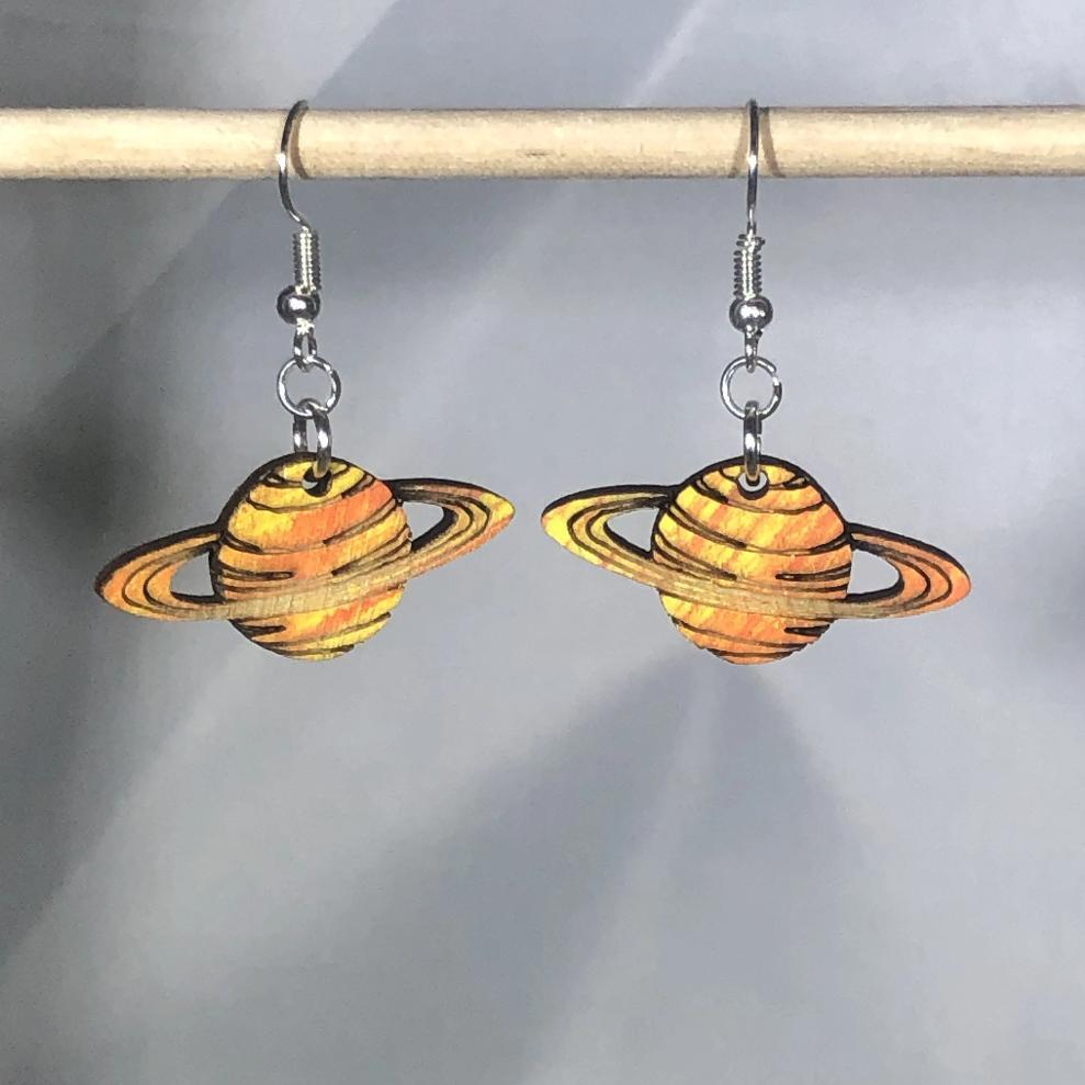 Saturn Planet Wooden Dangle Earrings | Space Jewelry
