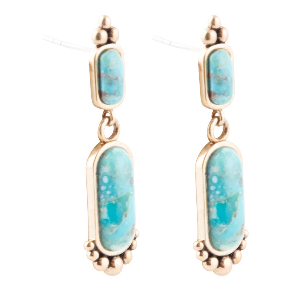 Plateau Blue Turquoise and Golden Earrings detail view by Barse Jewelry