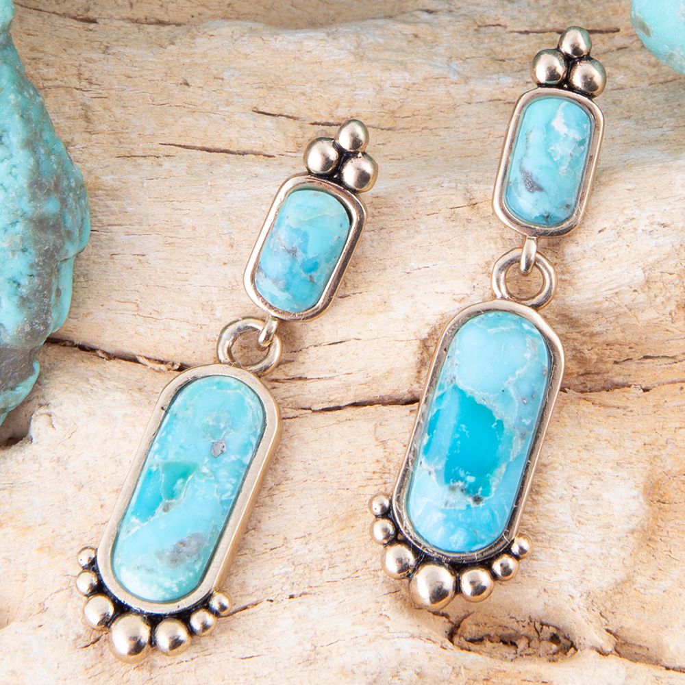 Plateau Blue Turquoise and Golden Earrings detail view by Barse Jewelry