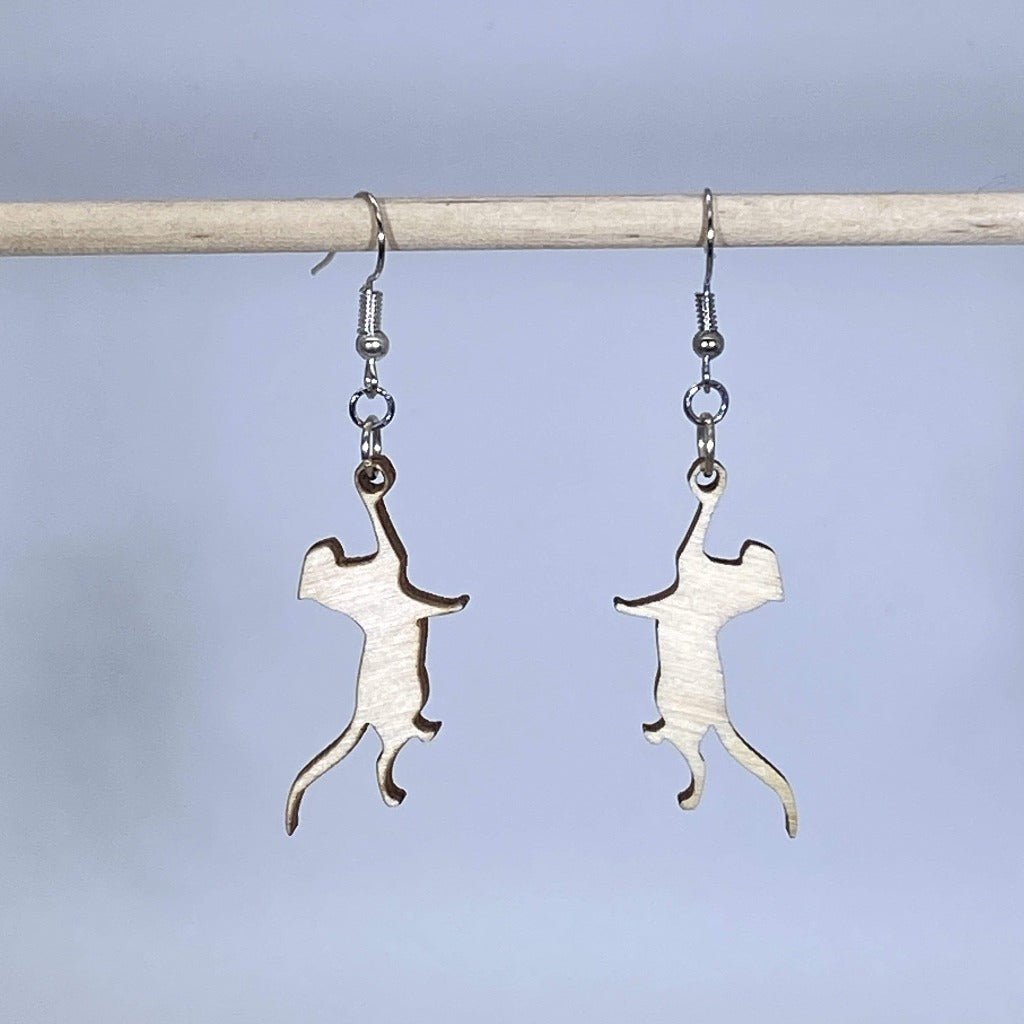Hanging Cat Wooden Dangle Earrings | Cute Cat Jewelry by Cate's Concepts, LLC, handmade jewelry detail photo 3