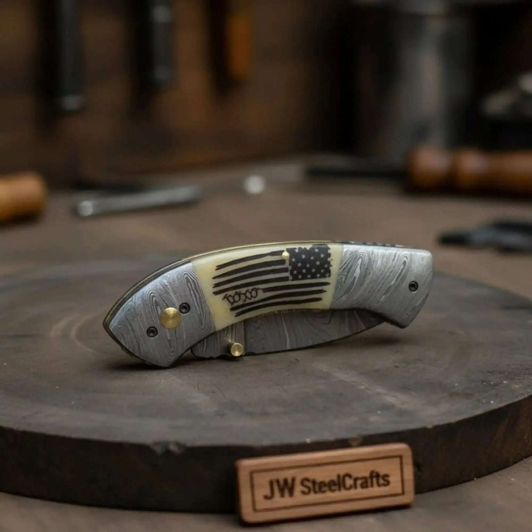 Constitution Damascus Folding Knife with Engraved Flag Bone Handle by JW SteelCrafts