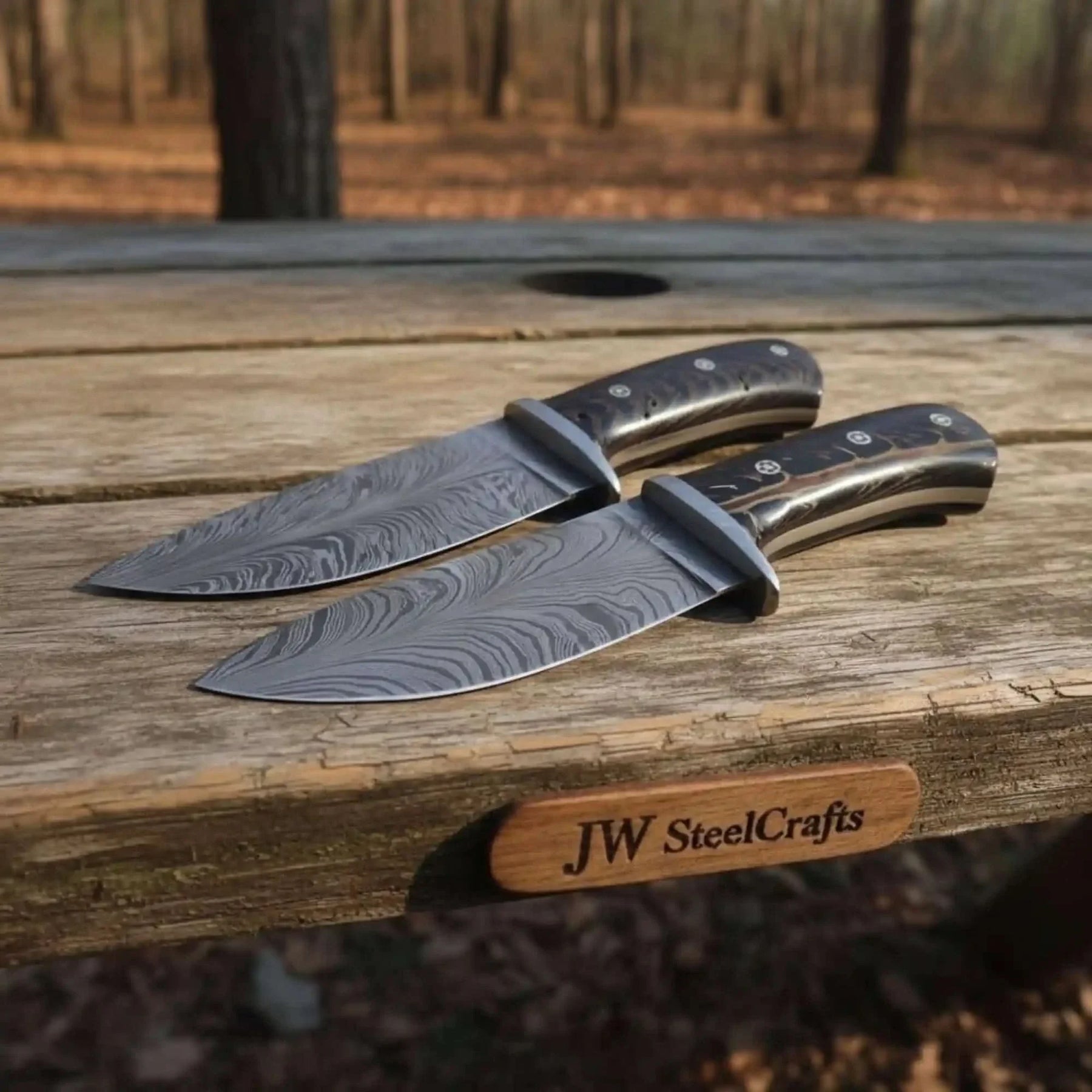 Bowie Knife Feather Damascus Blade Pinecone Handle Fixed Blade Hunting Knife by JW SteelCrafts, Damascus knife main product photo