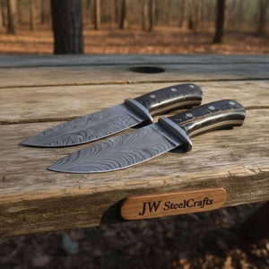 Bowie Knife Feather Damascus Blade Pinecone Handle Fixed Blade Hunting Knife by JW SteelCrafts, Damascus knife main product photo