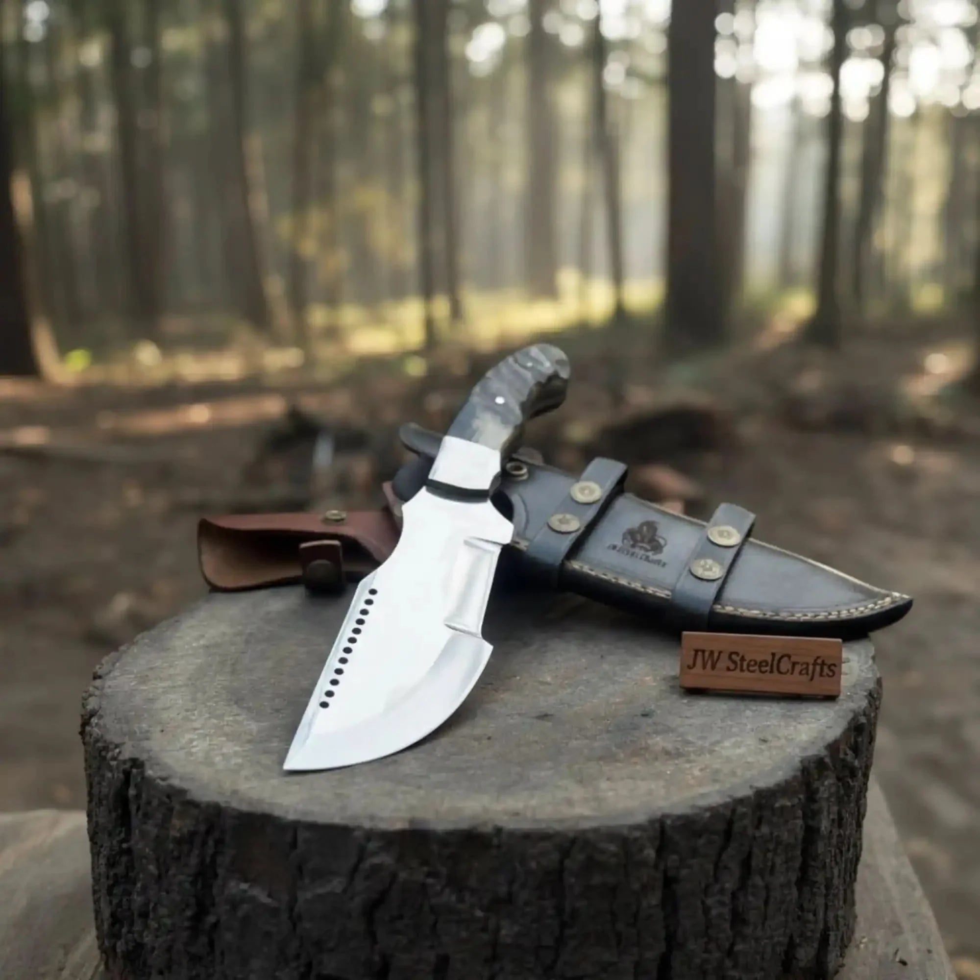 Handmade Carbon Steel Tracker Knife – Ram Horn or Wendi Wood Handle | Heavy Duty Hunting & Camping Knife | JW SteelCrafts by JW SteelCrafts, Damascus knife main product photo