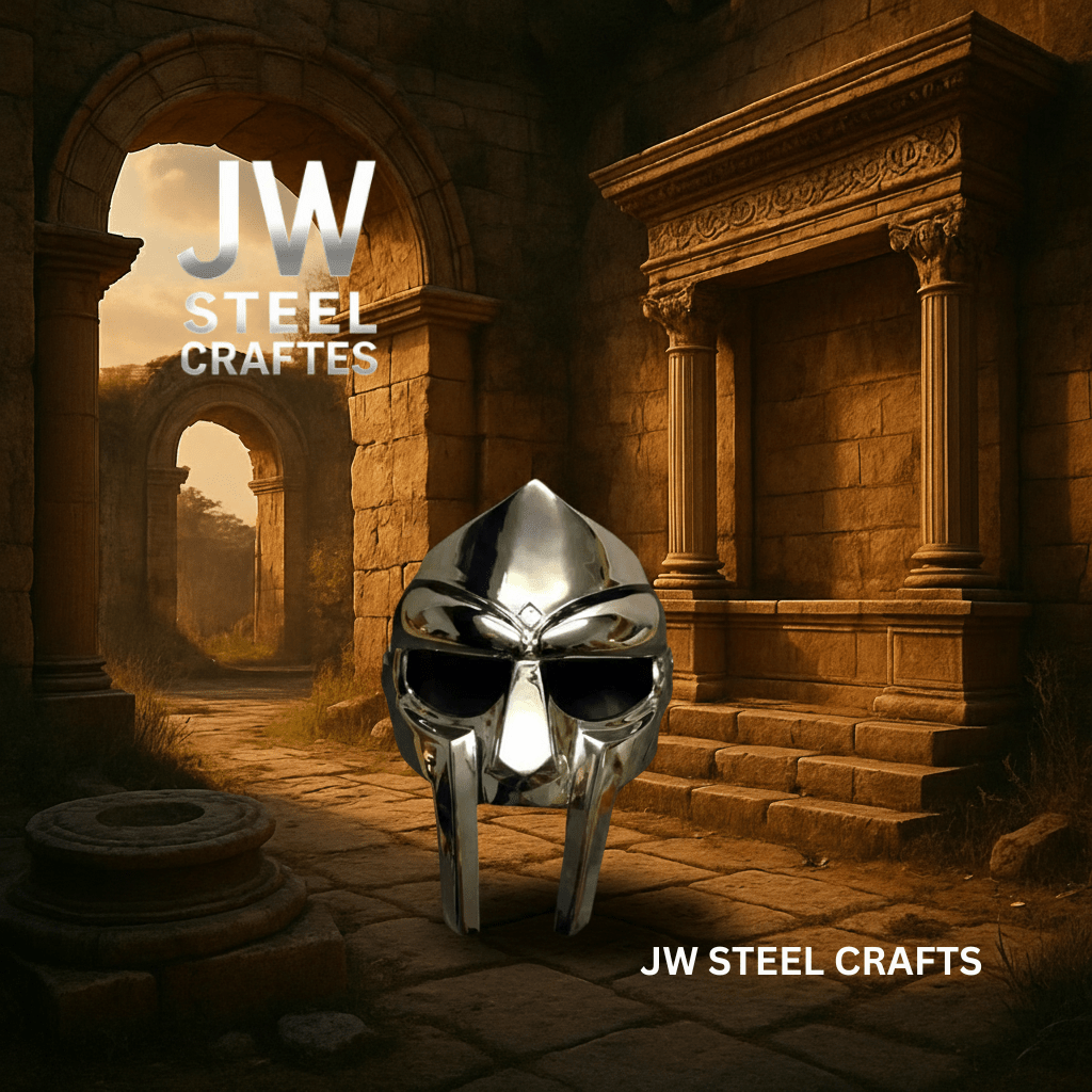 Polished Gladiator Face Mask | Handcrafted Metal Decorative Helmet Art by JW SteelCrafts, Southern home decor detail photo 3