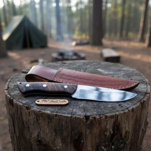 Drop Point Hunting Knife Stainless Steel Blade Rosewood Handle Fixed Blade Field Knife with Leather Sheath by JW SteelCrafts, leather knife sheath detail photo 2