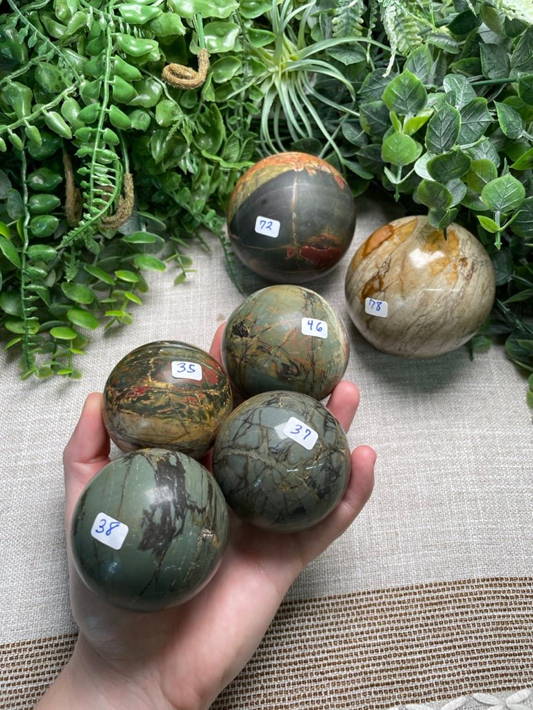 Polychrome Jasper Sphere detail view by Copper Ashes