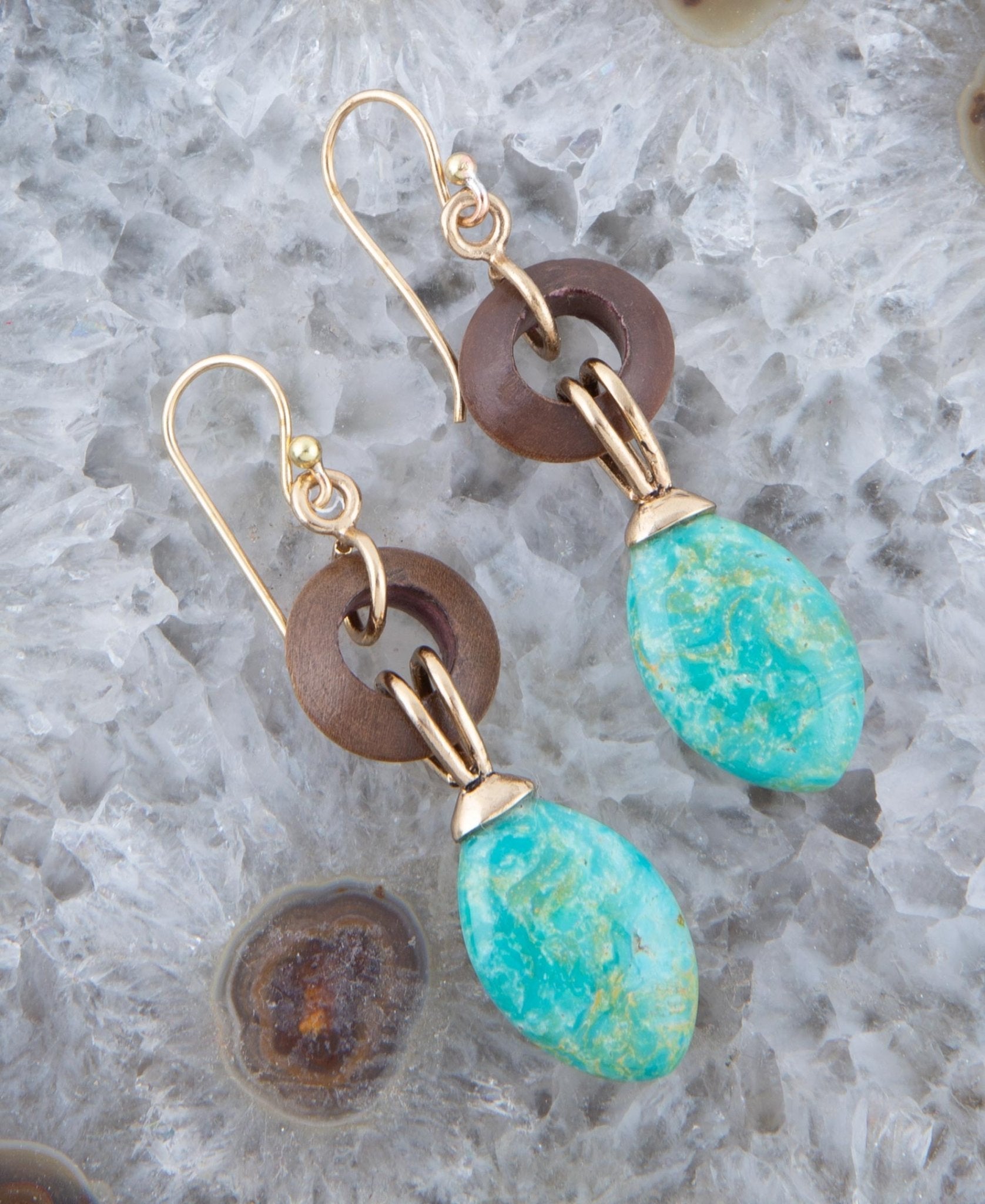 Precious Green Turquoise and Wood Golden Bronze Drop Earrings detail view by Barse Jewelry