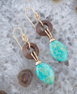 Precious Green Turquoise and Wood Golden Bronze Drop Earrings detail view by Barse Jewelry