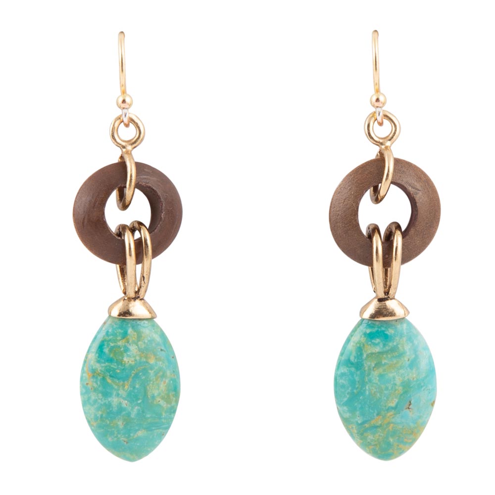 Precious Green Turquoise and Wood Golden Bronze Drop Earrings by Barse Jewelry