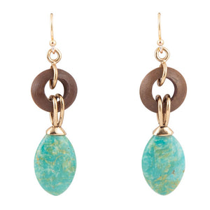Precious Green Turquoise and Wood Golden Bronze Drop Earrings by Barse Jewelry