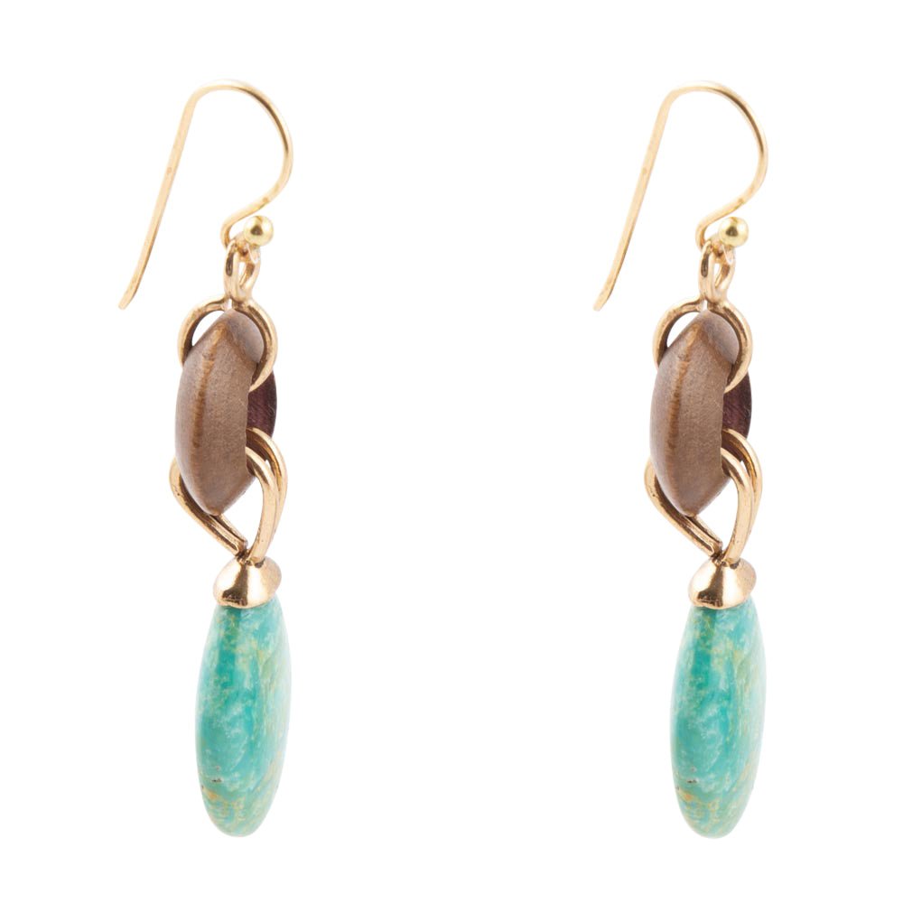 Precious Green Turquoise and Wood Golden Bronze Drop Earrings detail view by Barse Jewelry